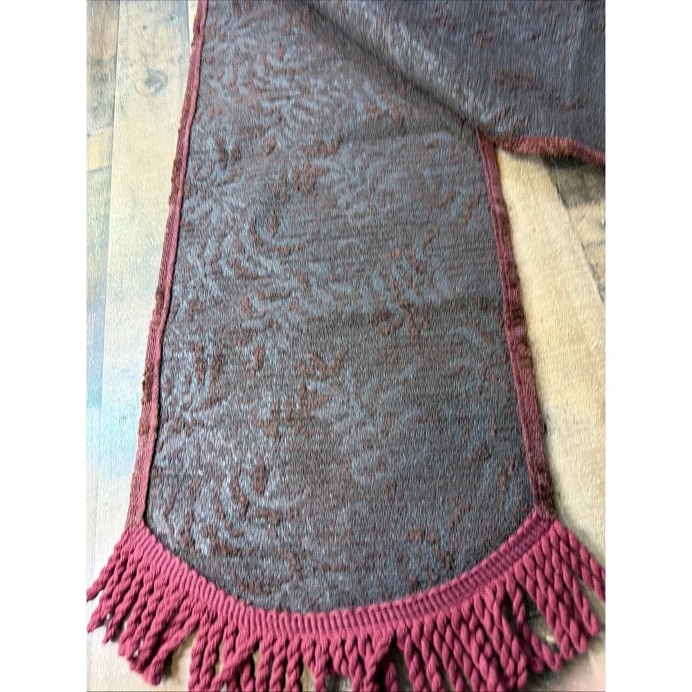 Vintage Chenille Table Runner Red Rust Floral Jacquard Fringe Boho 12x70 Ornate